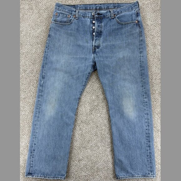 Levis 501 Jeans Mens 38x30 Blue Original Straight Button Fly Whiskered Workwear - Picture 1 of 11